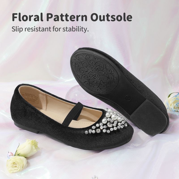 Girl's Mary Jane Pearl Ballerina Flats - BLACK SUEDE - 4